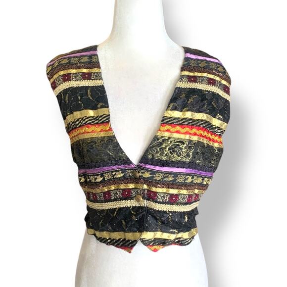 Vintage Contempo Casuals Tapestry Waistcoat Vest Black Gold Red Purple Cropped - Picture 12 of 12